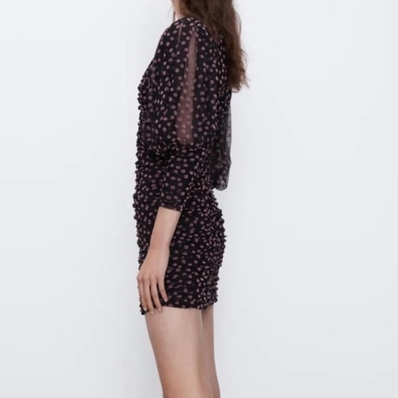 Zara Womens Puff Sheer Sleeve Textured Floral Dress Black/Pink XS - Picture 4 of 9